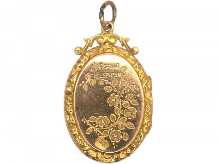 Edwardian 9ct Gold Oval Shaped Locket with Swallows & Flowers Motif