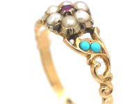 Regency 15ct Gold Ruby & Natural Split Pearl Cluster Ring with Turquoise set Shoulders & Glazed Locket on Reverse