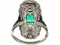 Early 20th Century Platinum, Emerald & Diamond Plaque Ring with Diamond Set Shoulders