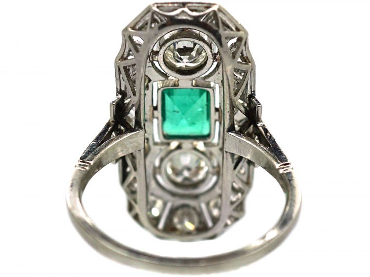 Early 20th Century Platinum, Emerald & Diamond Plaque Ring with Diamond Set Shoulders