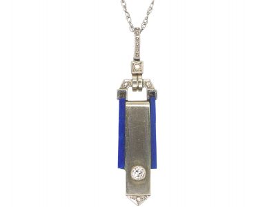 Art Deco 18ct White Gold Lapis Lazuli & Diamond Pendant on 9ct White Gold Chain