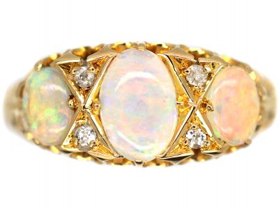 Edwardian 18ct Gold Three Stone Opal & Diamond Ring