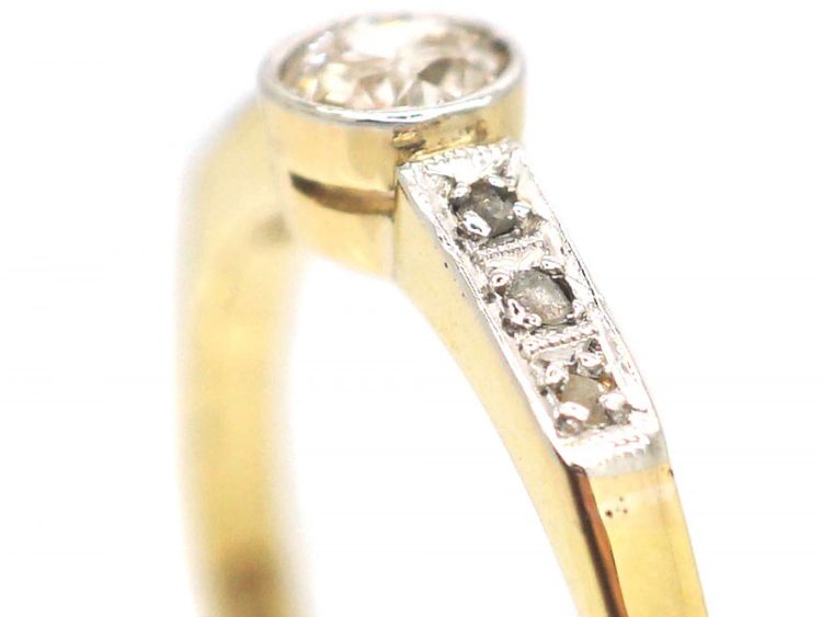 Art Deco 18ct Gold & Platinum, Diamond Solitaire Ring with Rose Diamond Set Shoulders