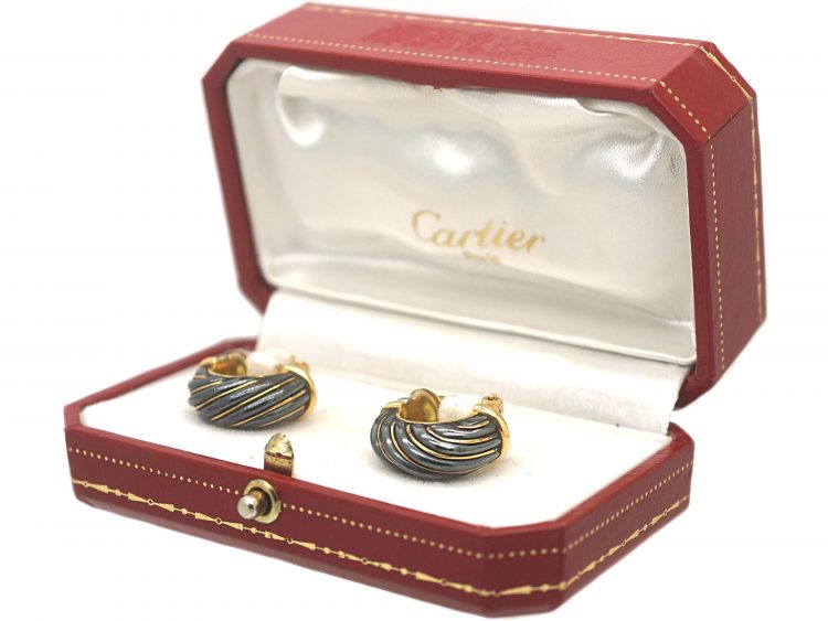 French 18ct Gold & Silverium Cartier Hoop Clip On Earrings in Original Cartier Case