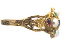 Regency 15ct Gold, Ruby Emerald & Natural Split Pearl Cluster Ring with Glazed Locket on Reverse