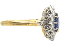 French 18ct Gold, Sapphire & Diamond Oval Cluster Ring with Diamond Set Shoulders
