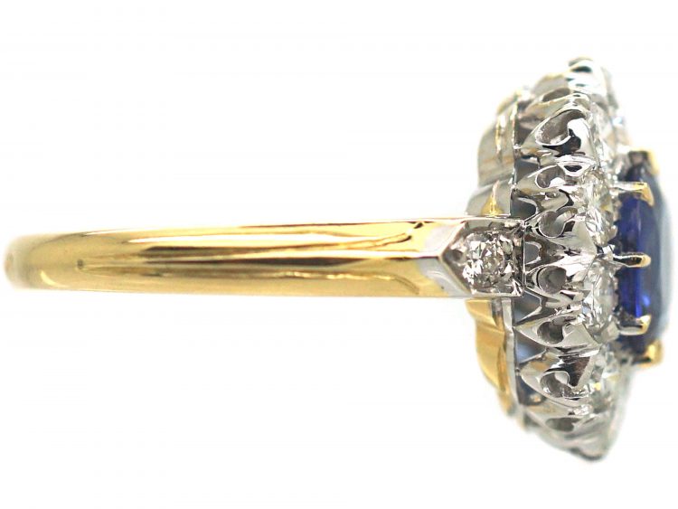 French 18ct Gold, Sapphire & Diamond Oval Cluster Ring with Diamond Set Shoulders