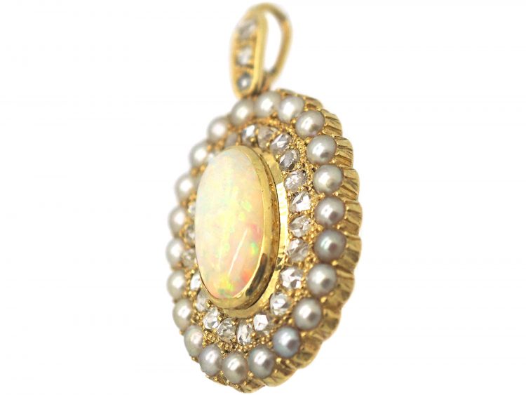 Edwardian 15ct Gold, Opal, Natural Split Pearl & Rose Diamond Pendant