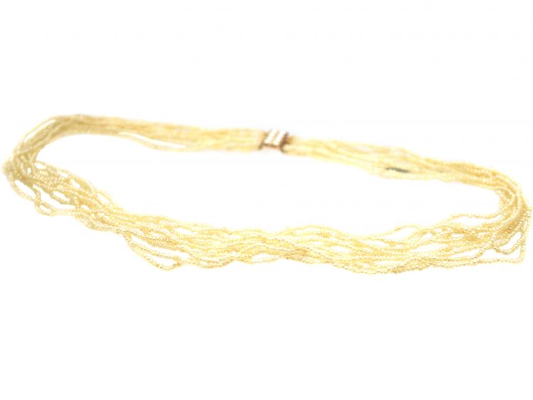 Georgian Ten Strand Natural Seed Pearls Necklace with 15ct Gold & Natural Split Pearl Clasp