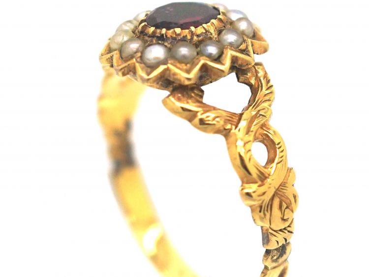 Regency 15ct Gold Flat Cut Garnet & Natural Split Pearl Cluster Ring with Glazed Locket on the Reverse