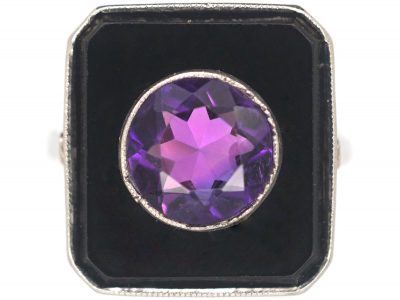 Art Deco Platinum, Onyx & Amethyst Geometric Ring