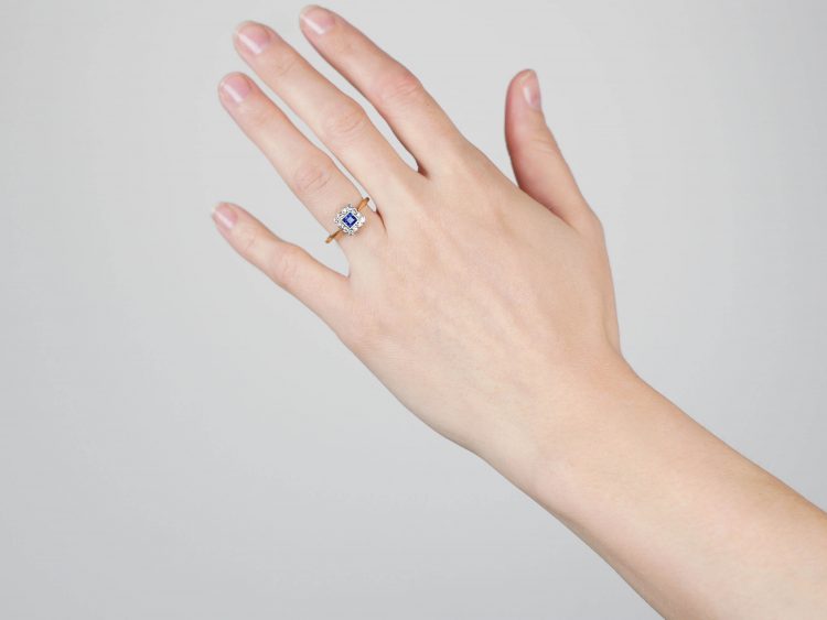 Art Deco 18ct Gold & Platinum, Sapphire & Diamond Square Shaped Ring