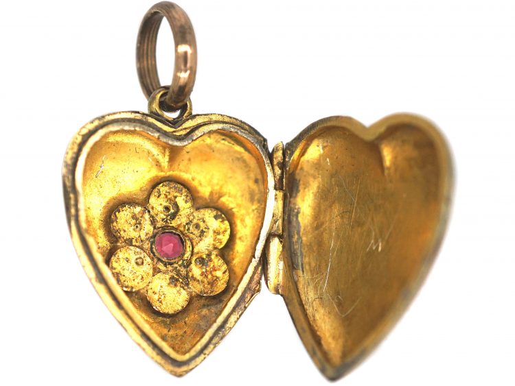 Edwardian 9ct Back & Front Heart Shaped Locket set with a Garnet & Natural Split Pearls
