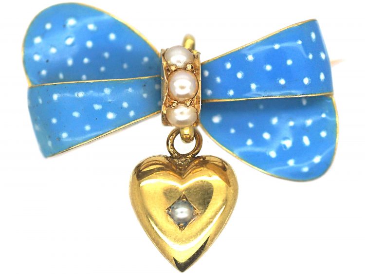 Edwardian 18ct Gold & Blue & White Enamel Bow Brooch with Heart Shaped Drop set with Natural Split Pearls