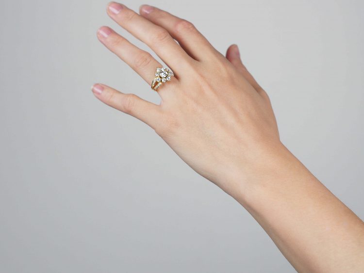French 18ct Gold Diamond Cluster Ring with Split Shoulders set with Diamonds