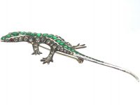 Art Deco Large Silver, Green, White & Red Paste Brooch of a Lizard