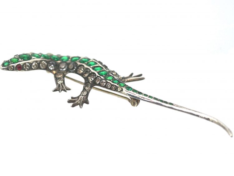 Art Deco Large Silver, Green, White & Red Paste Brooch of a Lizard