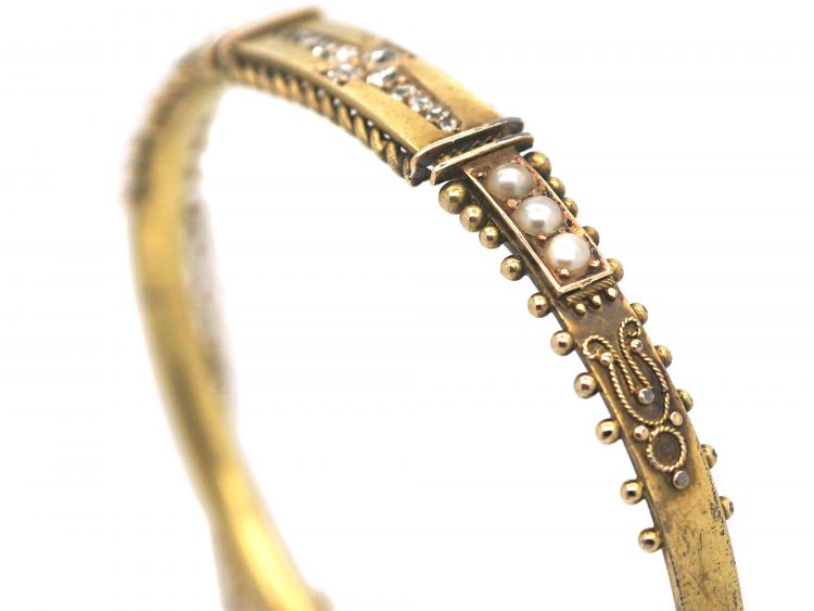 Victorian 15ct Gold Bangle set with Diamonds & Natural Split Pearls