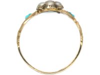 Regency 15ct Gold Ruby & Natural Split Pearl Cluster Ring with Turquoise set Shoulders & Glazed Locket on Reverse