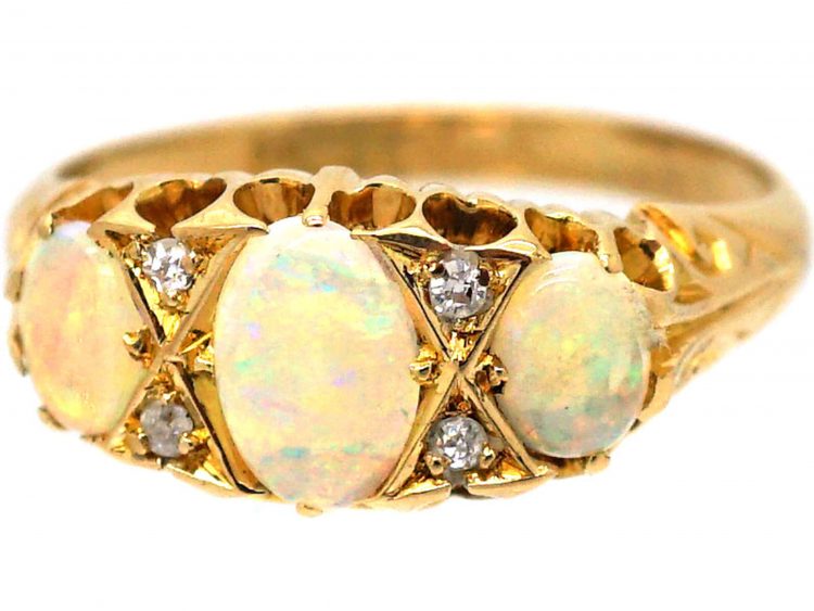 Edwardian 18ct Gold Three Stone Opal & Diamond Ring