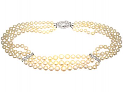 French Art Deco Cultured Pearl Three Row Necklace with Platinum & Diamond Clasp and Bars