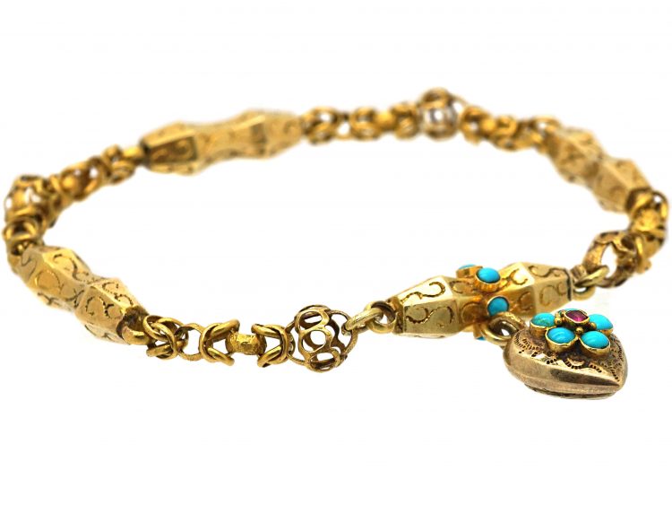 Georgian 15ct Gold & Turquoise Forget Me Not Bracelet with Heart Shaped Drop with Glazed Locket on Reverse