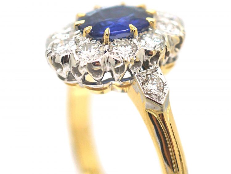 French 18ct Gold, Sapphire & Diamond Oval Cluster Ring with Diamond Set Shoulders