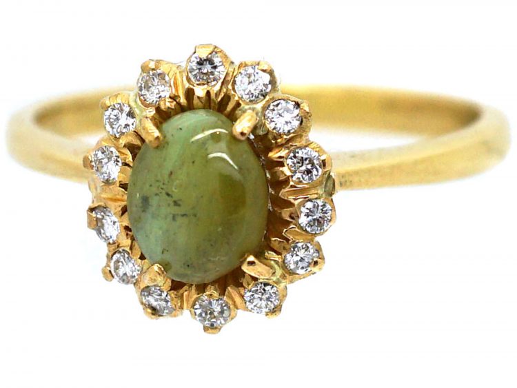 Edwardian 18ct Gold, Cat's Eye Chrysoberyl & Diamond Cluster Ring