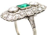 Early 20th Century Platinum, Emerald & Diamond Plaque Ring with Diamond Set Shoulders