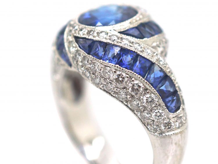 French 18ct White Gold, Sapphire & Diamond Spiral Ring