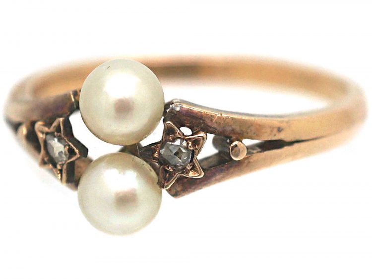 French Belle Epoque 18ct Gold Ring set with Two Natural Pearls & Two Rose Diamonds