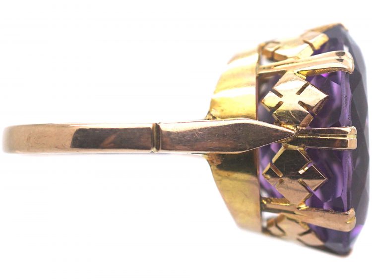 Retro 9ct Gold & Large Amethyst Ring with Ornate Gallery
