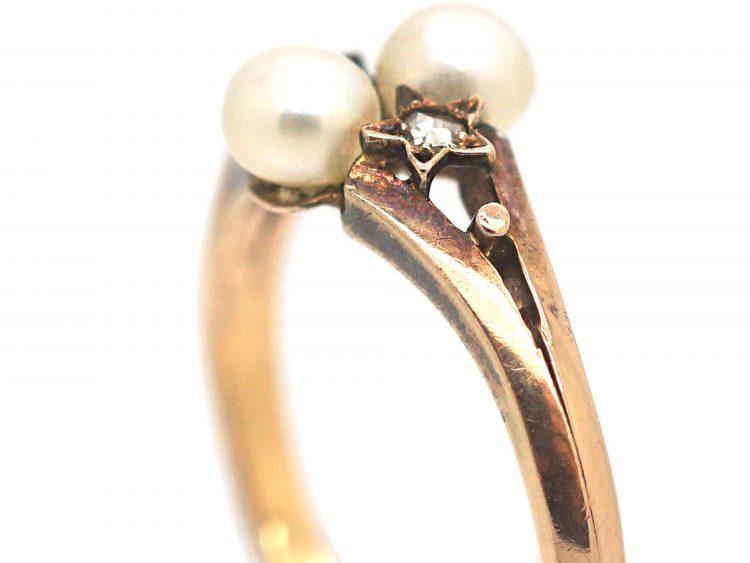 French Belle Epoque 18ct Gold Ring set with Two Natural Pearls & Two Rose Diamonds