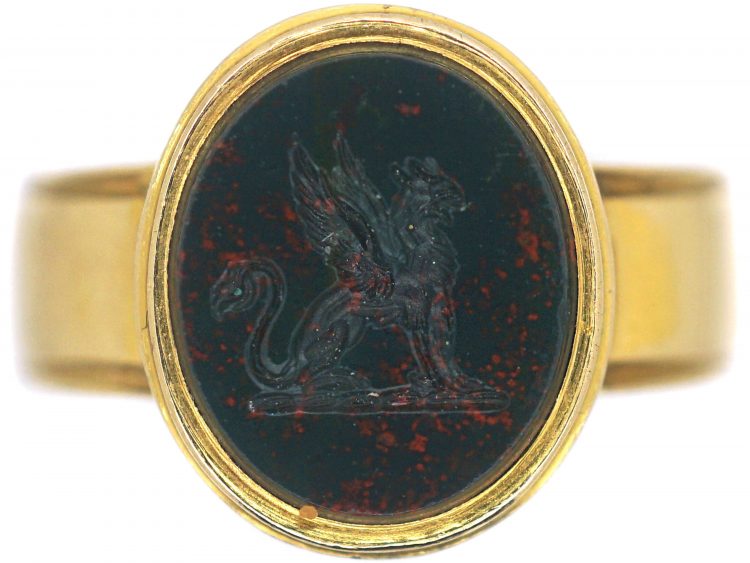 Victorian 18ct Gold Signet Ring with Bloodstone Intaglio of a Heraldic Gryphon