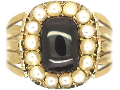 Georgian 18ct Gold, Cabochon Garnet & Natural Split Pearl Swivel Mourning Ring