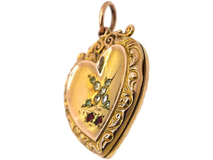 Edwardian 9ct Gold Back & Front Heart Shaped Locket with Paste Set Swallow Motif