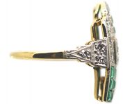 Art Deco 18ct Gold & Platinum, Emerald & Diamond Geometric Design Ring