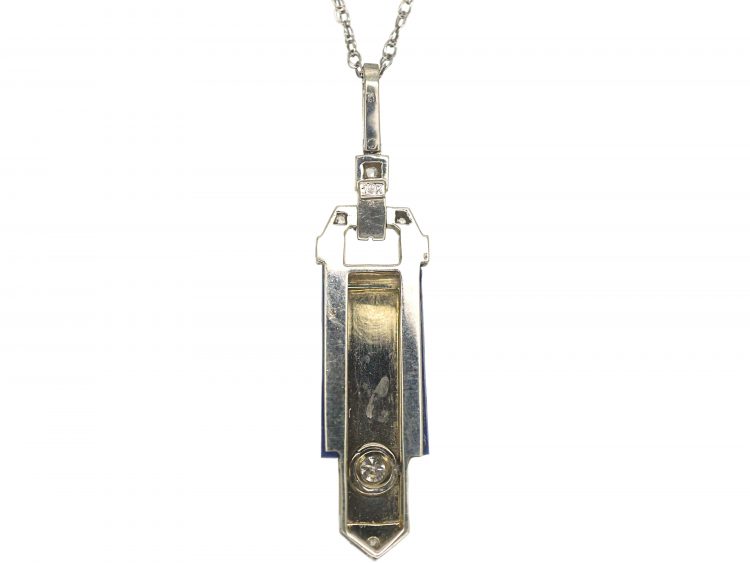 Art Deco 18ct White Gold Lapis Lazuli & Diamond Pendant on 9ct White Gold Chain