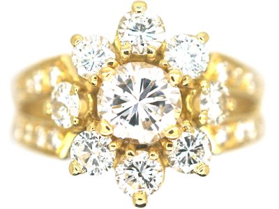French 18ct Gold Diamond Cluster Ring with Split Shoulders set with Diamonds