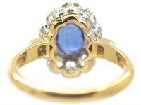 French 18ct Gold, Sapphire & Diamond Oval Cluster Ring with Diamond Set Shoulders