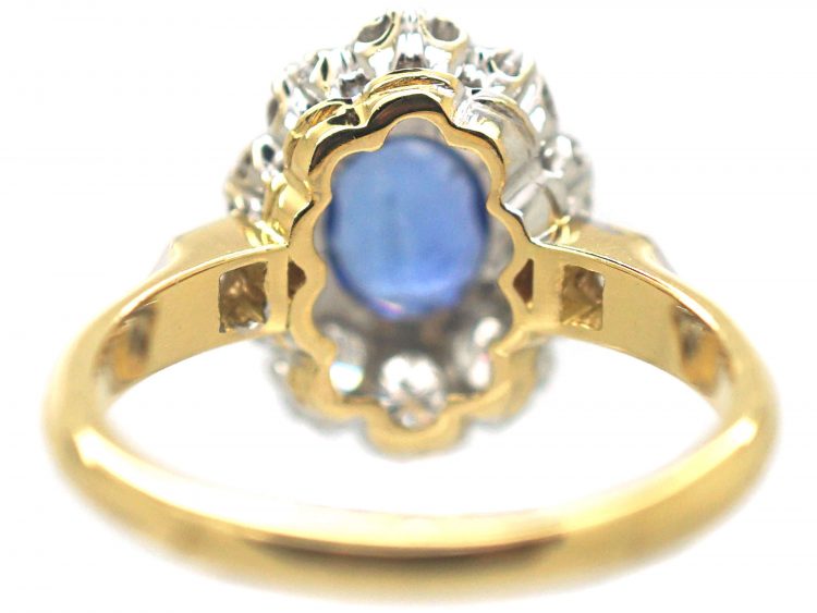 French 18ct Gold, Sapphire & Diamond Oval Cluster Ring with Diamond Set Shoulders