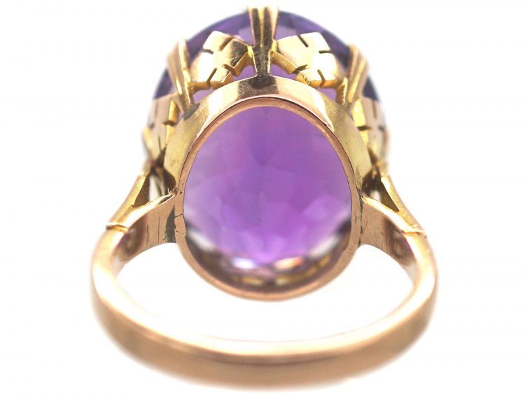 Retro 9ct Gold & Large Amethyst Ring with Ornate Gallery