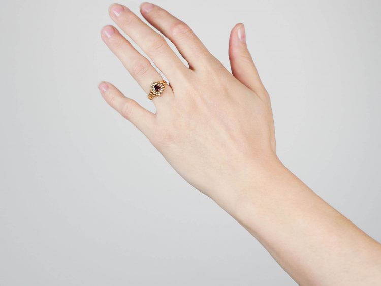 Regency 15ct Gold Flat Cut Garnet & Natural Split Pearl Cluster Ring with Glazed Locket on the Reverse