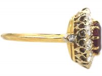 French 18ct Gold, Ruby & Diamond Cluster Ring with Diamond Set Shoulders