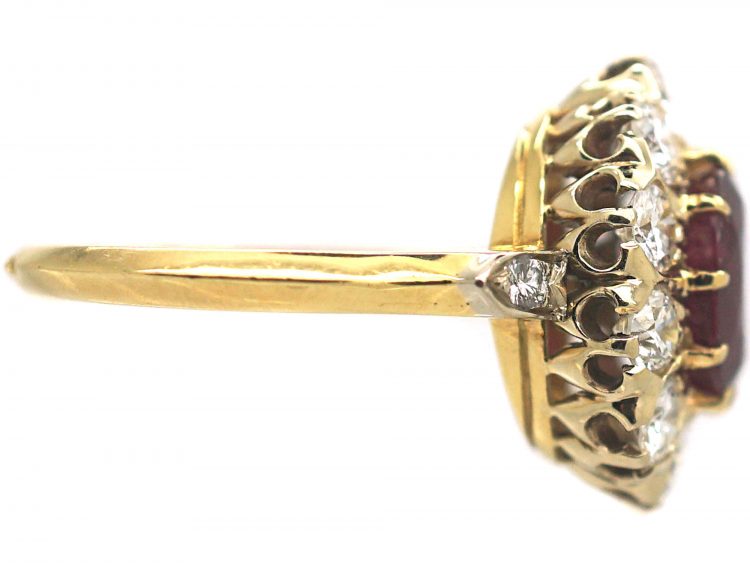 French 18ct Gold, Ruby & Diamond Cluster Ring with Diamond Set Shoulders
