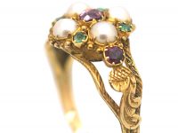 Regency 15ct Gold, Ruby Emerald & Natural Split Pearl Cluster Ring with Glazed Locket on Reverse