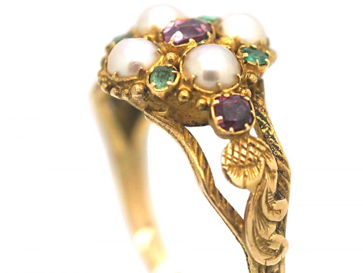 Regency 15ct Gold, Ruby Emerald & Natural Split Pearl Cluster Ring with Glazed Locket on Reverse
