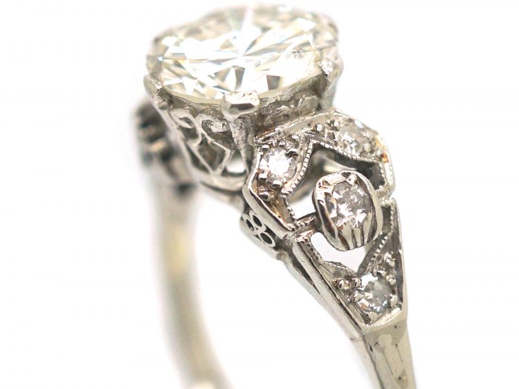 Art Deco Platinum, Solitaire Diamond Ring with Diamond Set Shoulders