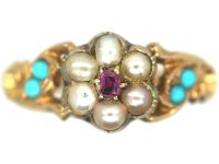 Regency 15ct Gold Ruby & Natural Split Pearl Cluster Ring with Turquoise set Shoulders & Glazed Locket on Reverse