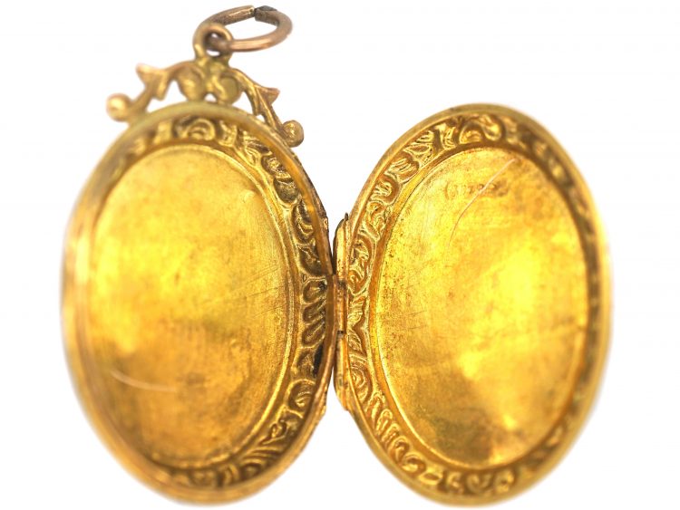 Edwardian 9ct Gold Oval Shaped Locket with Swallows & Flowers Motif